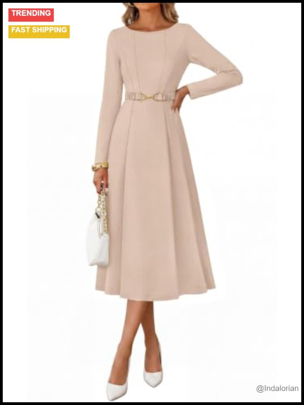 Women's Long Sleeve Boat Neck Fit & Flare Midi Dress with Pockets